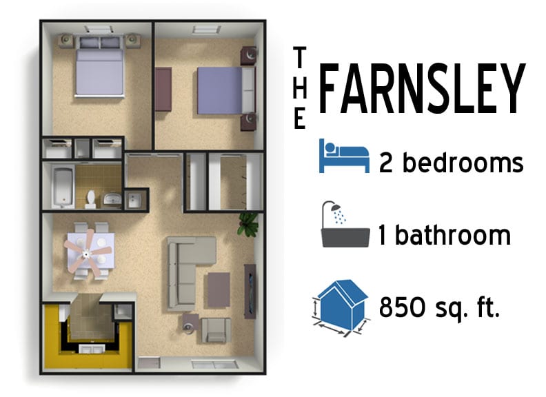 The Farnsley: 2 bedrooms - 1 bath - 850 sq ft