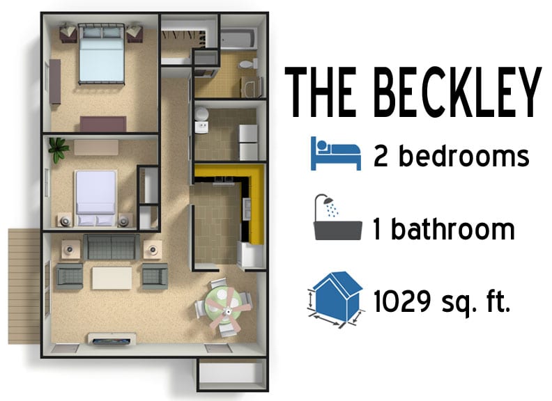 The Beckley: 2 bedrooms - 1 bath - 1029 sq ft