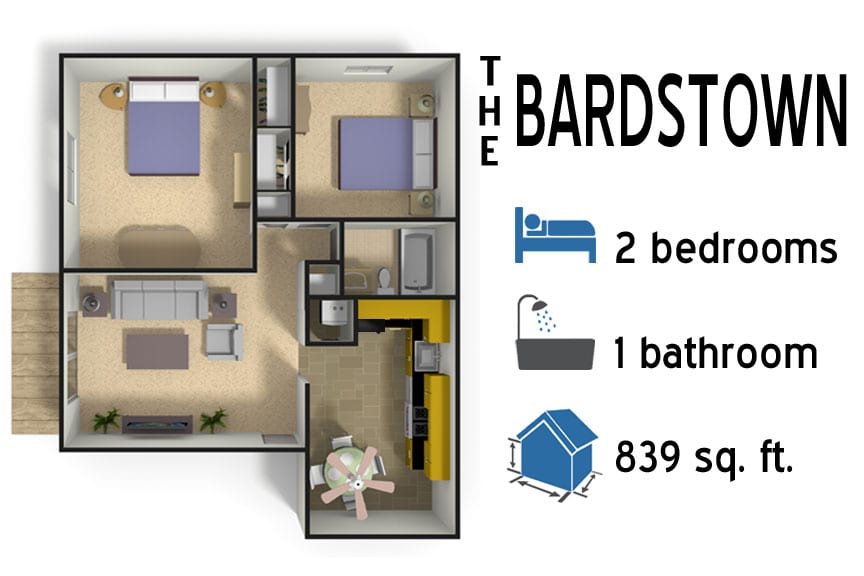 The Bardstown: 2 bedroom - 1 bath - 839 sq ft