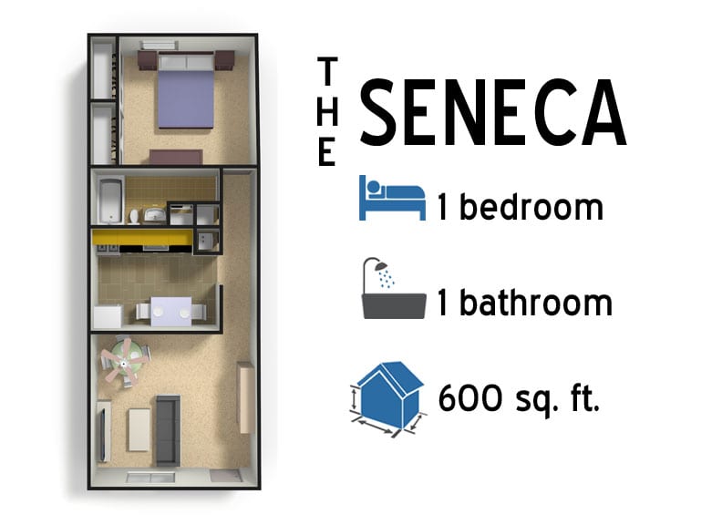 The Seneca: 2 bedrooms - 1 bath - 600 sq ft
